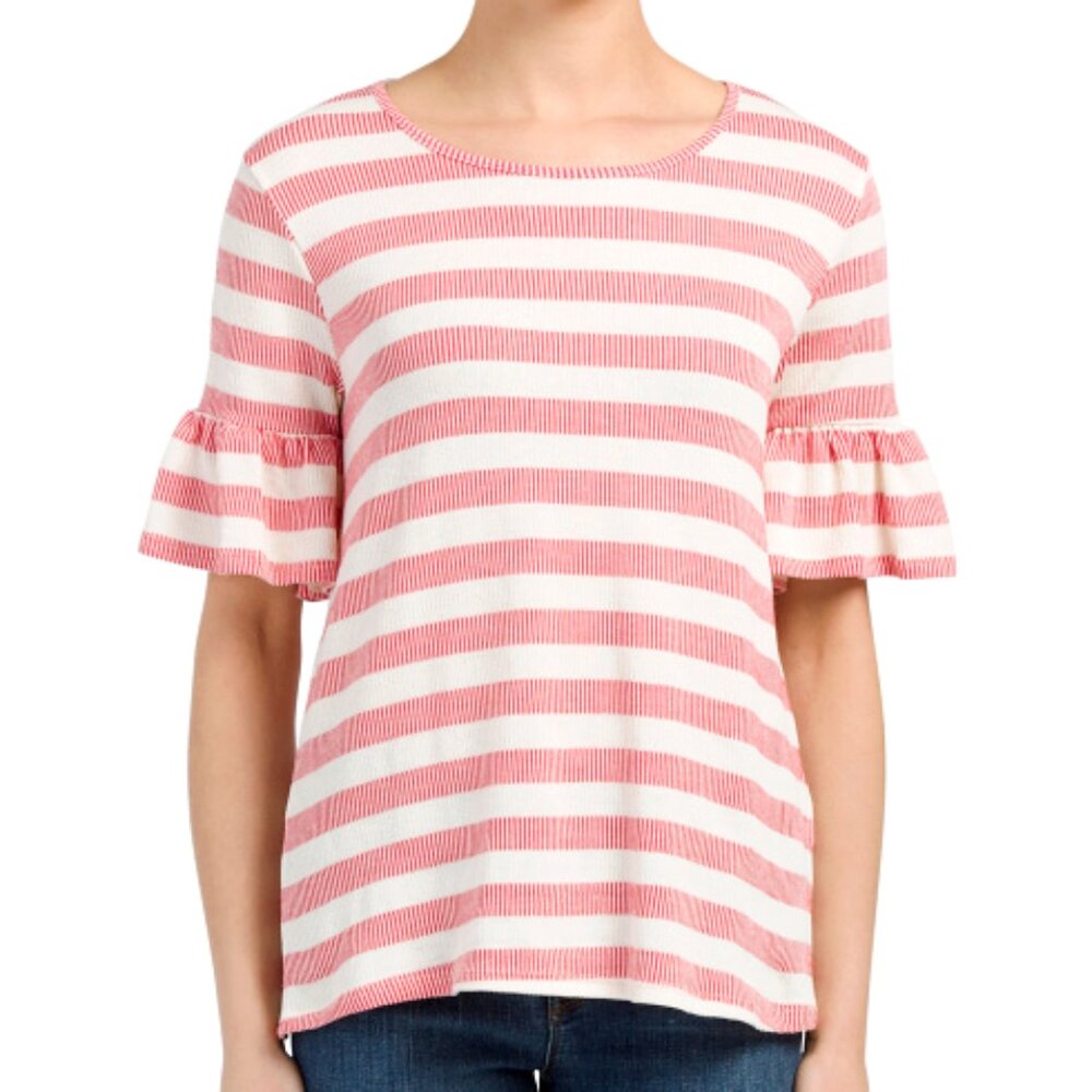 Pleione Striped Sweater Knit Top L Ruffled Elbow Sleeve Red Cream USA NWT